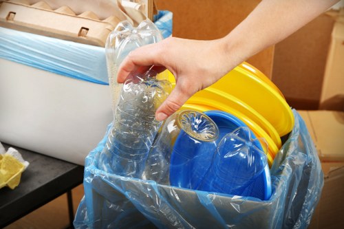 Recycling bins and waste management equipment in a Hornsey office.